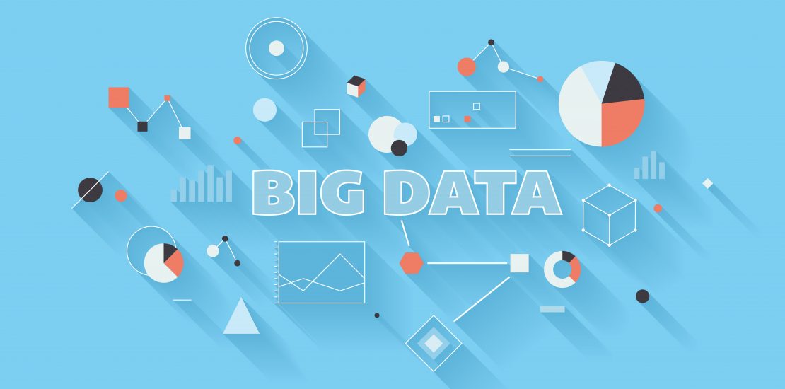 Flat design modern vector illustration concept of big data statistics and search analysis, complex process of advanced analytics of various data types, communication technology and large database research in different industry. Isolated on stylish colored background.